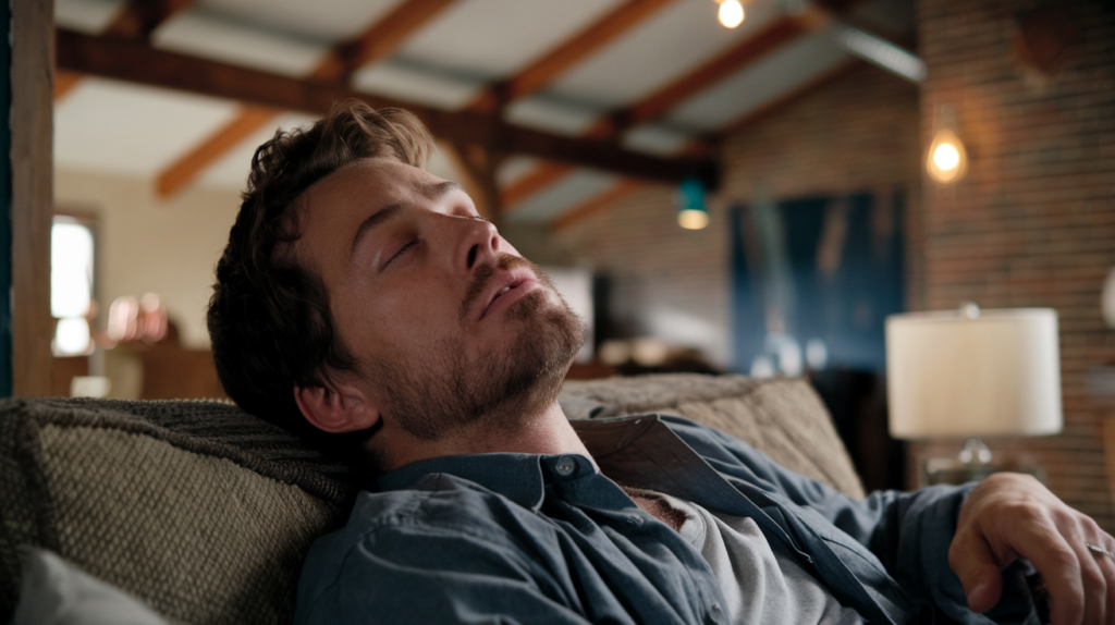 잘 때 입으로 호흡 소파에 자는 남성