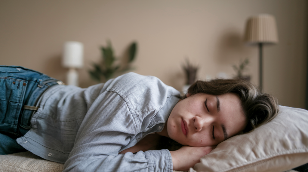 잘 때 입으로 호흡 침대에 자는 여성